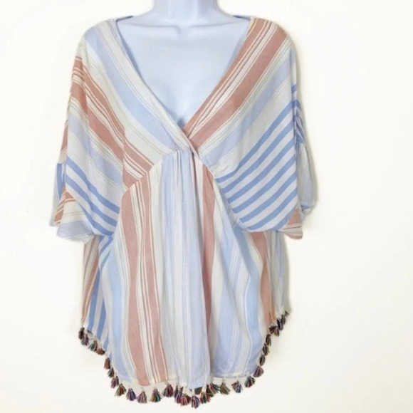 KORI Salmon&Blue Striped Tassel Top Beach Vneck Oversized Size MEDIUM Flowy NWOT - Picture 3 of 7